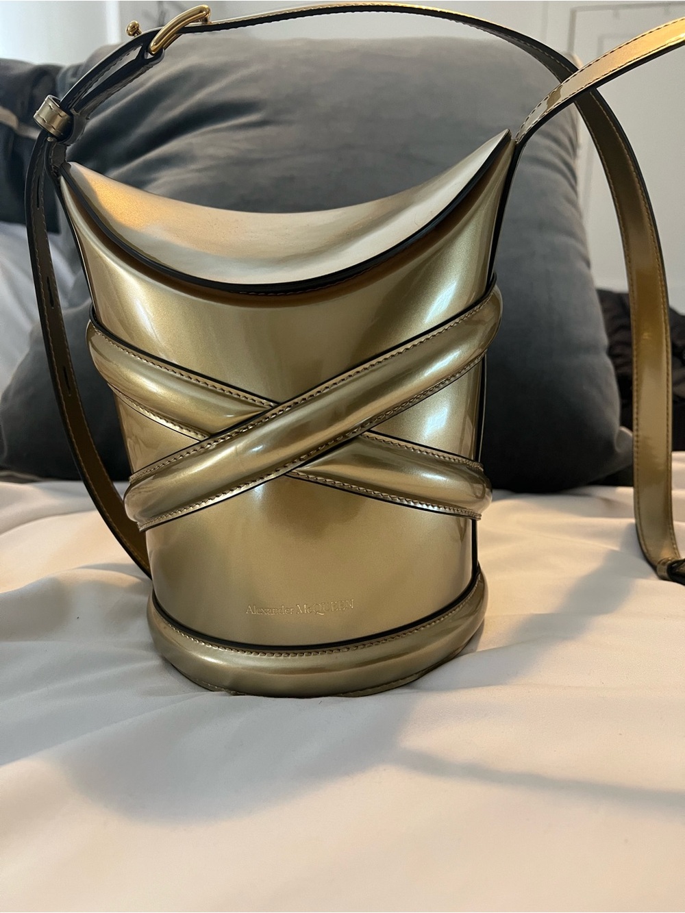 Alexander McQueen Metallic Gold Cross-Strap Bucket Bag